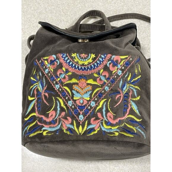 Beautiful Embroidered Mini Backpack Brown Suede With Snap Button Closure-Travel - Picture 7 of 13